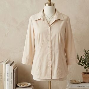 Cleo XL Beige Button Down Blouse 3/4 Sleeve Stretch Neutral Quiet Luxury Office